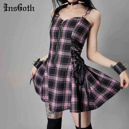 InsGoth Mall Goth Black Plaid Dress Y2K Academia Bandage A Line Dress Harajuku Streetwear High Waist Sexy Backless Mini Dress G220414