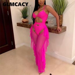 Women 2 Pieces Sexy Outfits Summer Cutout Bodycon Bodysuit and Ruffles Mesh See Through Pants Night Out Party Clubwear