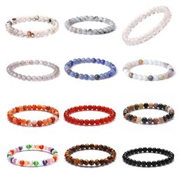 6mm Natural Stone Agate Tiger's Eye Rose Quartz Stretch Strands Bracelet Yoga Chakra Healing Women Men Bracelets