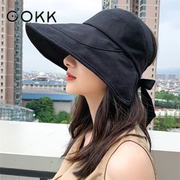 COKK Sun Hat Summer Women Ponytail Visor Wide Brim Uv Protection Bow Beach Yellow Ladies Sunhat s Foldable Gorro 220513