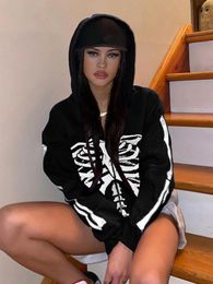 Women's Hoodies & Sweatshirts Gothic Skull Printed Crop Women Pullovers Punk Black Loose Autumn Alt Clothes Casual Long Sleeve Tops