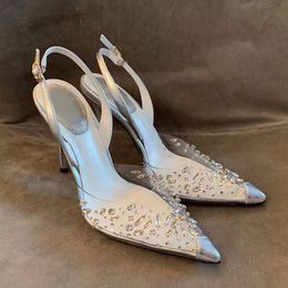 Rene Caovilla New Pattern Cleo Crystal-embellished Pvc Pumps Shoes Spool Heels Sandals Women Luxury Designer Dress Shoe Evening