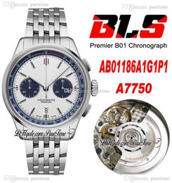 BLS Premier B01 42mm Eta A7750 Automatic Chronograph Mens Watch Steel White Blue Dial Stick Stainless Steel Bracelet AB0118221B1A1 Super Edition Puretime 04h8