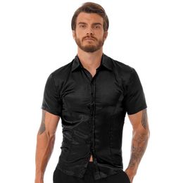 Men's Casual Shirts Mens Clothing Luxury Glossy Silky Satin Shirt Short Sleeve Lapel Button Down Solid Colour T-Shirt Tops For Travel Office