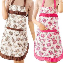 Oil-proof Cooking Apron For Women Adjustable Kitchen Cooking Coffee Shop Flower Printed Bowknot Cleaning Aprons With Pocket Y220426