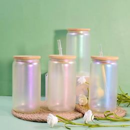 Sublimation 16oz Glass Tumbler Iridescent Colour Glass Can Shimmering Glasses With Bamboo lid Reusable Straw Holographic Colour