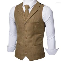 Men's Vests Barry.Wang Mens Olive Yellow Plaid Waistcoat Blend Tailored Collar V-neck 3 Pocket Cheque Vest Tie Set Formal Leisure MD-2204 Kar