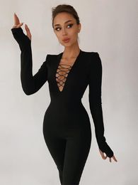 Sibybo Shoulder Pads Long Sleeve Jumpsuit Women Summer Cross Bandage Sexy Jumpsuits Femme Black VNeck Bodycon Overalls 220801