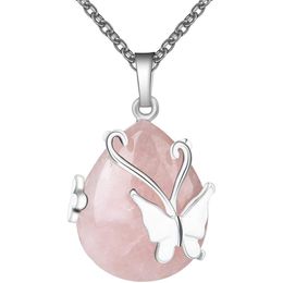 Pendant Necklaces Vintage Wire Wrap Butterfly Gemstone Rose Quartz Amethyst Opalite Healing Crystal Necklace