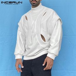 INCERUN Men Solid Colour T Shirts Turtleneck Long Sleeve Hollow Out Streetwear Irregular Pullovers Casual Men Clothing 5XL 220407