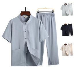 Ethnic Clothing China Embroidery #11 Traditional Chinese Set Man Oriental 2 Pieces Uniforms Short Sleeve Linen Casual Costumes