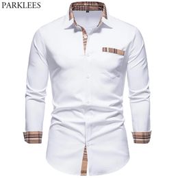 PARKLEES Autumn Plaid Patchwork Formal Shirts for Men Slim Long Sleeve White Button Up Shirt Dress Business Office Camisas 220323