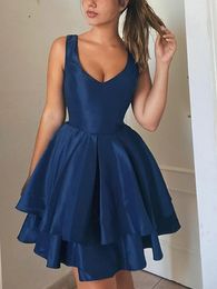 Party Dresses Dark Navy Short Cocktail Dress V Neck Open Back Satin Prom Gown 2022 Homecoming Wear Robe De Soriee VestidosParty