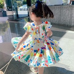 Summer Girls Dress Puff Sleeve Casual Cartoon Party Princess Dress Cute Childrens Wear Baby Kids Girls Clothing 220707