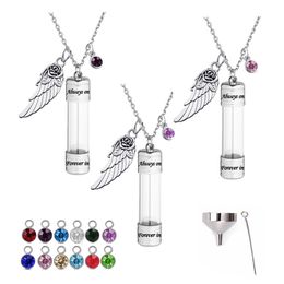 Engraving Glass Vial With Rose Wings Birthstone Pendant Necklace Memorial Pet Human Ashes Cremation Urn Jewellery Gifts For Women Men