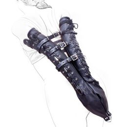sexyy Exotic Costumes of Bdsm Bondage Black Leather Tight Straitjacket Single Armbinder Glove with Adjustable Harness Strap
