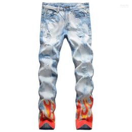 Men's Jeans Hip Hop Men Hole Fire Printed Bleached Slim Full Length Straight High Street Denim Trousers Vintage Wild Heat22