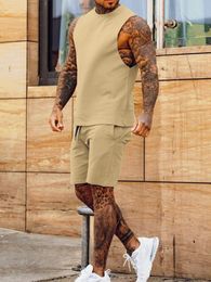 Fashion Solid Two Piece Suits Mens O Neck Tops And Shorts Outfits Men Summer Sleeveless Casual Simplicity Sets Streetwear 220718