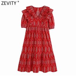 Zevity Women Vintage V Neck Cascading Ruffle Hollow Out Embroidery Red Midi Dress Female Chic Puff Sleeve Casual Vestidos DS8226 210419