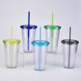 DHL 16oz 24oz 32oz straight double wall plastic transparent tumbler with colorful straw water cup coffee cup gift Min