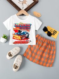 Toddler Girls Car & Slogan Graphic Tee & Plaid Print Skirt SHE