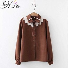 HSA Women Spring Long Sleeve Blouses and Shirts Floral Neck Bow Tie Cute Outer Shirts Loose Office Lady Warm Velvet Winter Shirt 210716