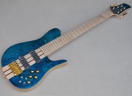 6 Strings Transparent Blue Neck-thru-body Electric Bass Guitar withBurl Maple Veneer,Maple Fretboard,Can be Customised