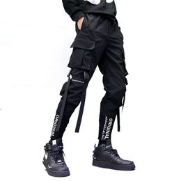 Designer Hip Hop Men Ribbons Cargo Pants Fashion Harajuku 2022 Elastic Waist Casual Streetwear Mens Joggers Trousers Black