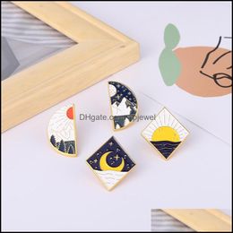Pins Brooches Jewellery European Landscape Series Sunrise Geometric Alloy Day And Night Pins Anti Light Buckle Clothes Collar Badge Accessori