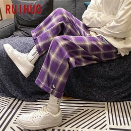 RUIHUO Casual Men's Plaid Pants Harajuku Men's Clothing Purple Chequered Pants Korean Style Checked Trousers Ankle-Length 220726