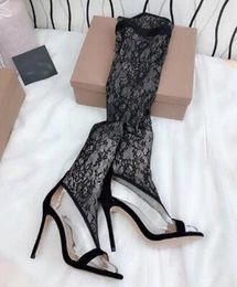 Summer Black Red Lace Pointed Open Toe Hollow Slim Thigh Boots Women Elastic Thin High Heel Over The Knee Botas Shoes