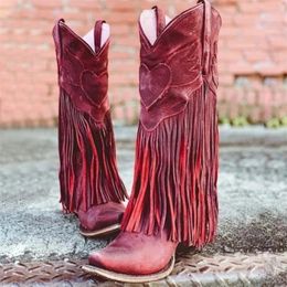 Boots For Woman Autumn Winter Women Casual Tassel Chunky Heel MidCalf Boots Western Boots Cool Cowboy Shoes Botas Mujer 201103