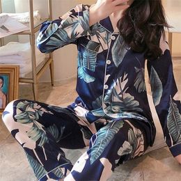 Satin Silk Pajamas Set for Women's Pyjama Suit Printing Long Sleeve Casual Sleepwear Nightwear Soft Home Clothes Pjs Plus Size 220329