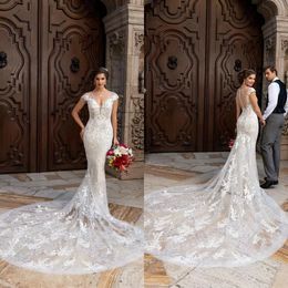 2022 Elegante Meerjungfrau Brautkleider Spitze Applikationen Brautkleider V-Ausschnitt Flügelärmeln Illusion Zurück Hochzeitskleid Vestidos De Novia