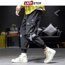 LAPPSTER Streetwear Hip Hop Cargo Pants 2019 Autumn Mens Baggy Pockets Ribbon Joggers Pants Men Japanes Style Black Harem Pants T200219