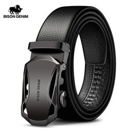 BISON DENIM Men's Belt Cow Leather Belts Brand Fashion Automatic Buckle Black Genuine for Men 3.4cm Width N71314 220402