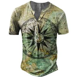 Men's T-Shirts Summer Men's Cotton V Neck Button T Shirt Street Vintage Machine Print Short Sleeve Loose Oversized T-shirt Men Clothing