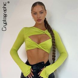 Cryptographic Long Sleeve Spring Autumn Women's Cropped Tops Cut Out Sexy Green Tops T-Shirts Wrap Elegant Top Tees Slim Clothes 220408