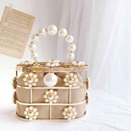 Luxury dign metal flowers wedding pearl bag fashion style pearl handle bucket bag new trendy party dinner evening bags