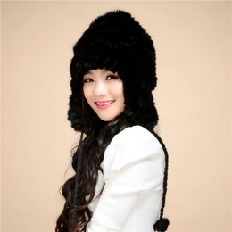 Rex rabbit fur hat women winter warm earmuffs cap handmade cross stripes