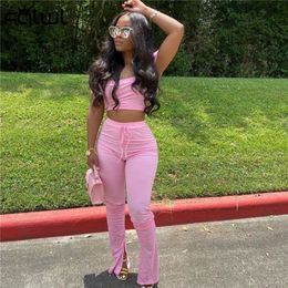 FQLWL 2 Two Piece Set Women Summer Pink Outfits Off Shoulder Crop Top Stacked Pants Leggings Matching Ladies Tracksuit 220613