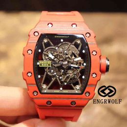 Engrwolf Date RichaMill Rms35-01 watch Series 2824 Automatic Mechanical Red Carbon Fibre Tape Men