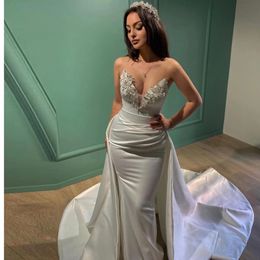 Sexy Long Wedding Dress Satin Beaded Crystal Strappless Sleeveless Detachable Trailing Bridal Gowns Formal Party Bridal Dresses