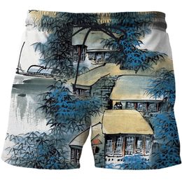 Summer Swim Chinese brush painting 3d Surf Print Quick-drying Fashion Cool Sports Shorts Menclothing Drop Pants Teen 220624