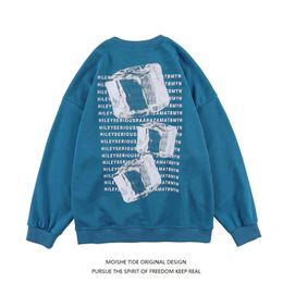 Moishe Tide Ice Alphabet Print Round Neck Sweater Men's Long Sleeve Loose Casual Couple Pullover Jacket Fashion