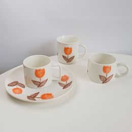 Cups Saucers ins hand-painted tulip ceramic mug creative niche coffee cup office water cup breakfast milk cups