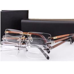 Luxury Concise Men Rimless Frame Plain Glasses Clear Lens 39 Lightweight Titanium wooden leg Rectangular Rim 56-17-140 for prescription fullset case