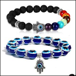 blue chakra bracelet UK - Beaded Strands Bracelets Jewelry Beaded 2Pcs  Set 7 Chakras Gemstone Lava Stone Hamsa Hand Bracelet Evil Blue Eye Charm Stretch Handmade Dr