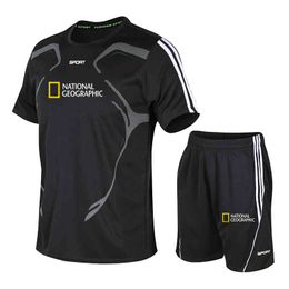 Neue National Geographic Indication Herren-Shorts in Übergröße 5XL, Sommer-Sportanzug, T-Shirt-Shorts, zweiteilige, schnell trocknende Sportbekleidung