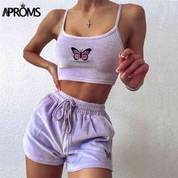 Aproms Yellow Velvet Crop Top and Shorts Women 2 Pieces Set Summer Embroidery Cami Drawstring Shorts Female Loungewear Suit 210331